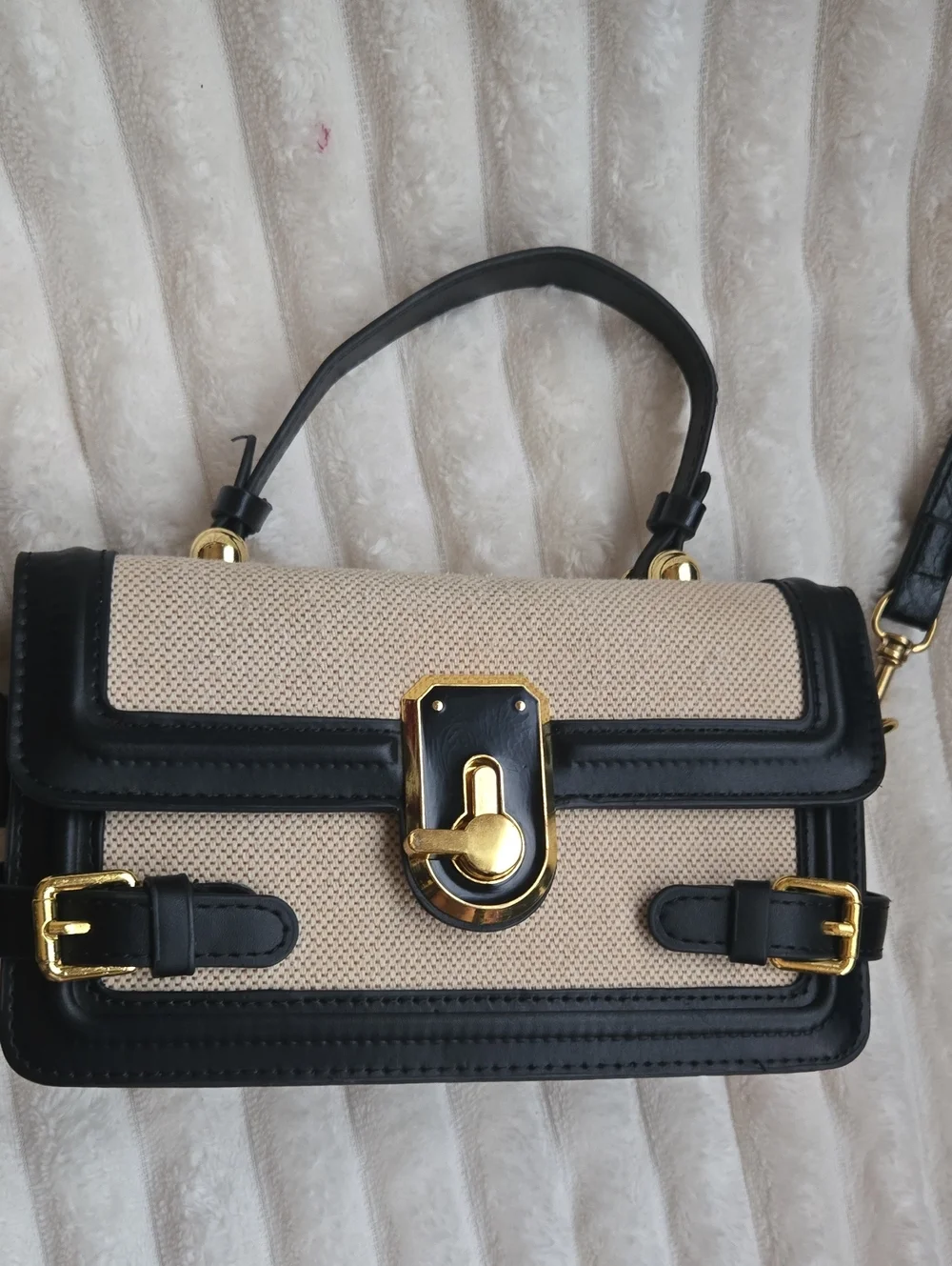 Black & Cream Structured Crossbody Bag with Gold Hardware